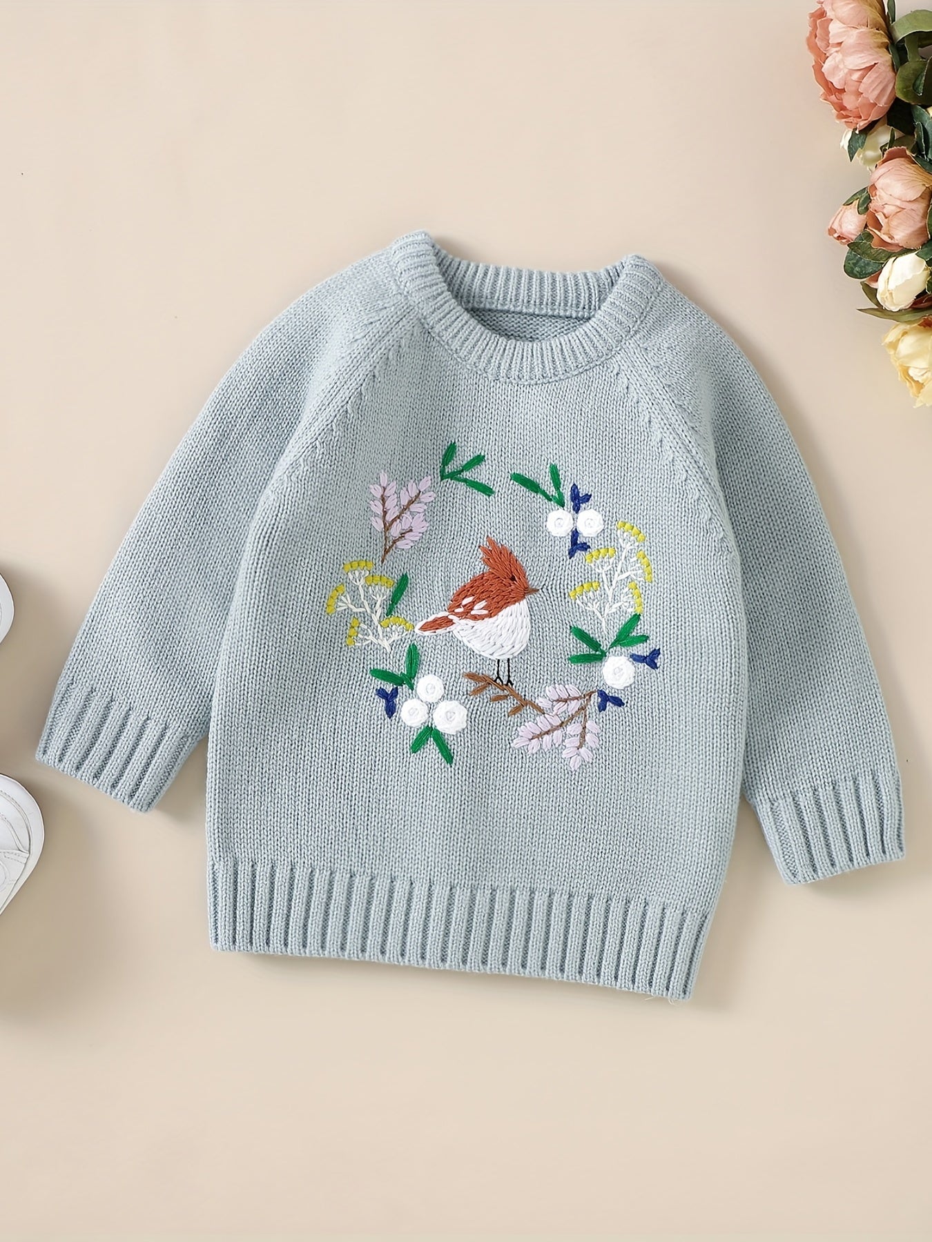 Baby Knitted Sweater Kids Pullover Top Floral Bird Embroidered Blouse