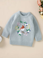 Baby Knitted Sweater Kids Pullover Top Floral Bird Embroidered Blouse