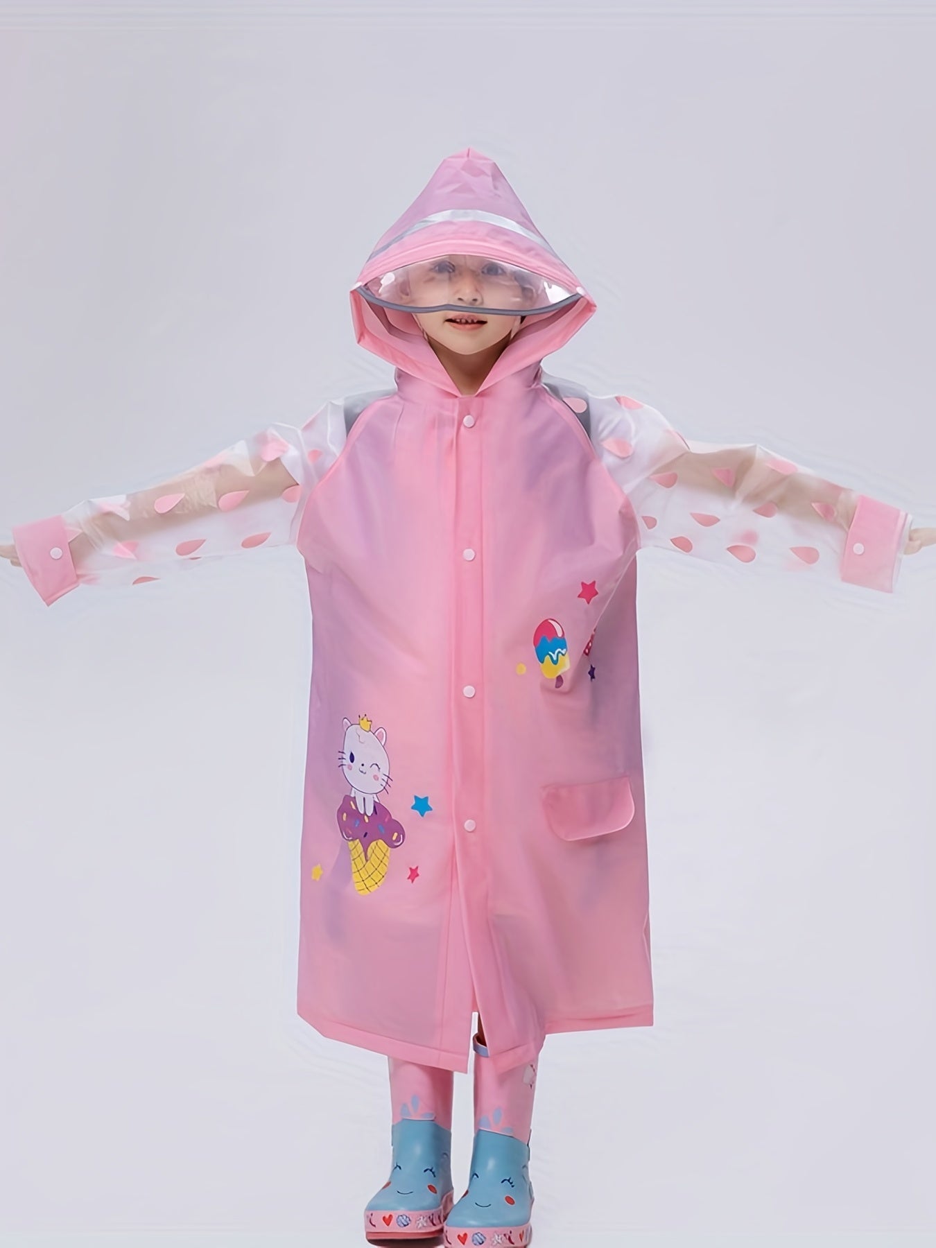Cartoon Kitty Print Raincoat Rain Ponchos For Boys & Girls