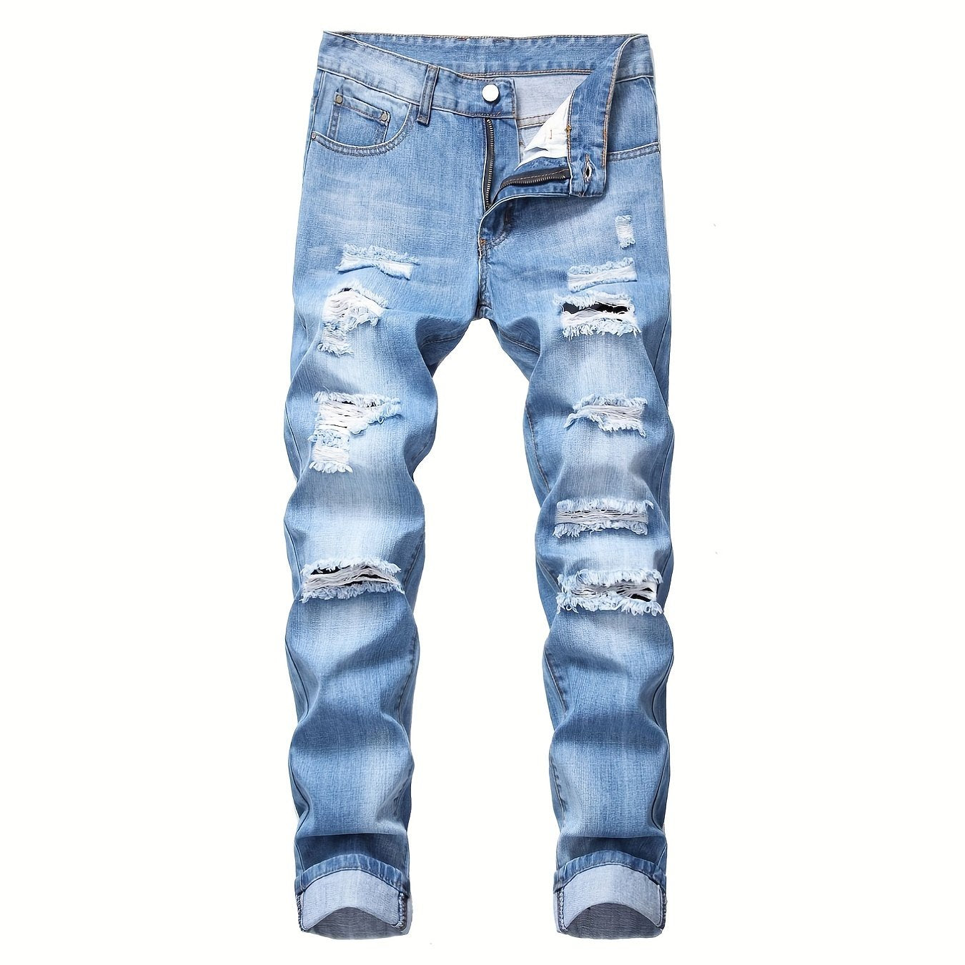 Mens Ripped Straight Denim Jeans With Pockets