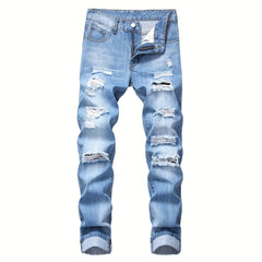 Mens Ripped Straight Denim Jeans With Pockets