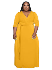 V Neck 3/4 Sleeve Maxi Dress With Belt Women's Plus Casual Long Dress