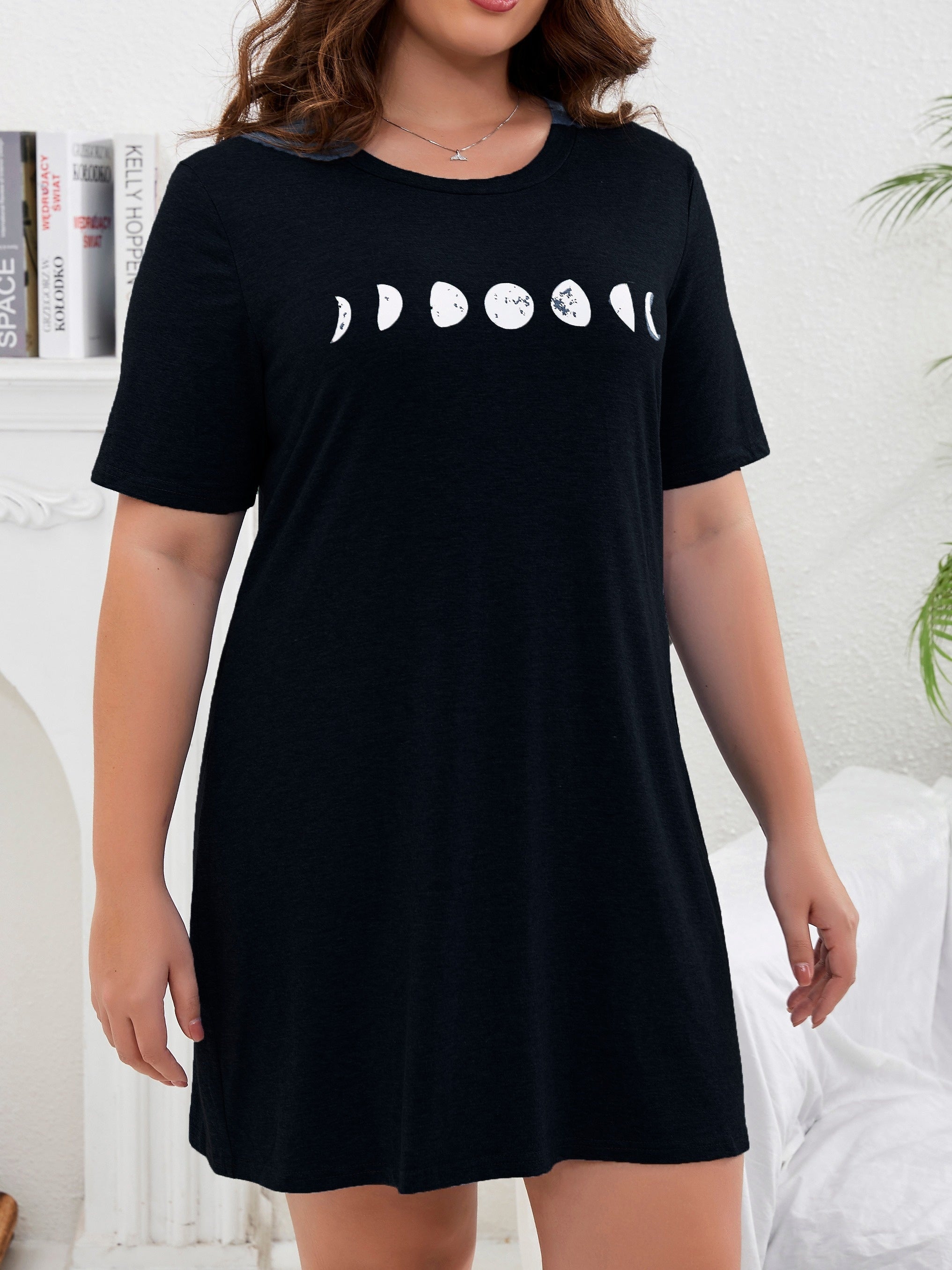 Women's Plus Moon Print Round Neck Short Sleeve Sleep Tee Dress