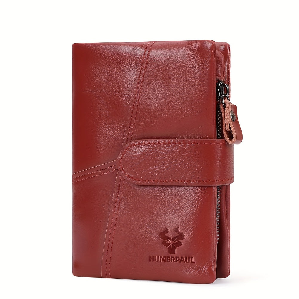 HUMERPAUL Women's Red Leather Clutch Bi-Fold Snap Closure Lanyard