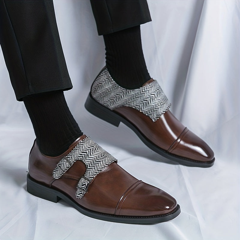 Men's Double Monk Strap Slip On Loafers Herringbone Pattern Loafers