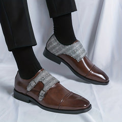 Men's Double Monk Strap Slip On Loafers Herringbone Pattern Loafers