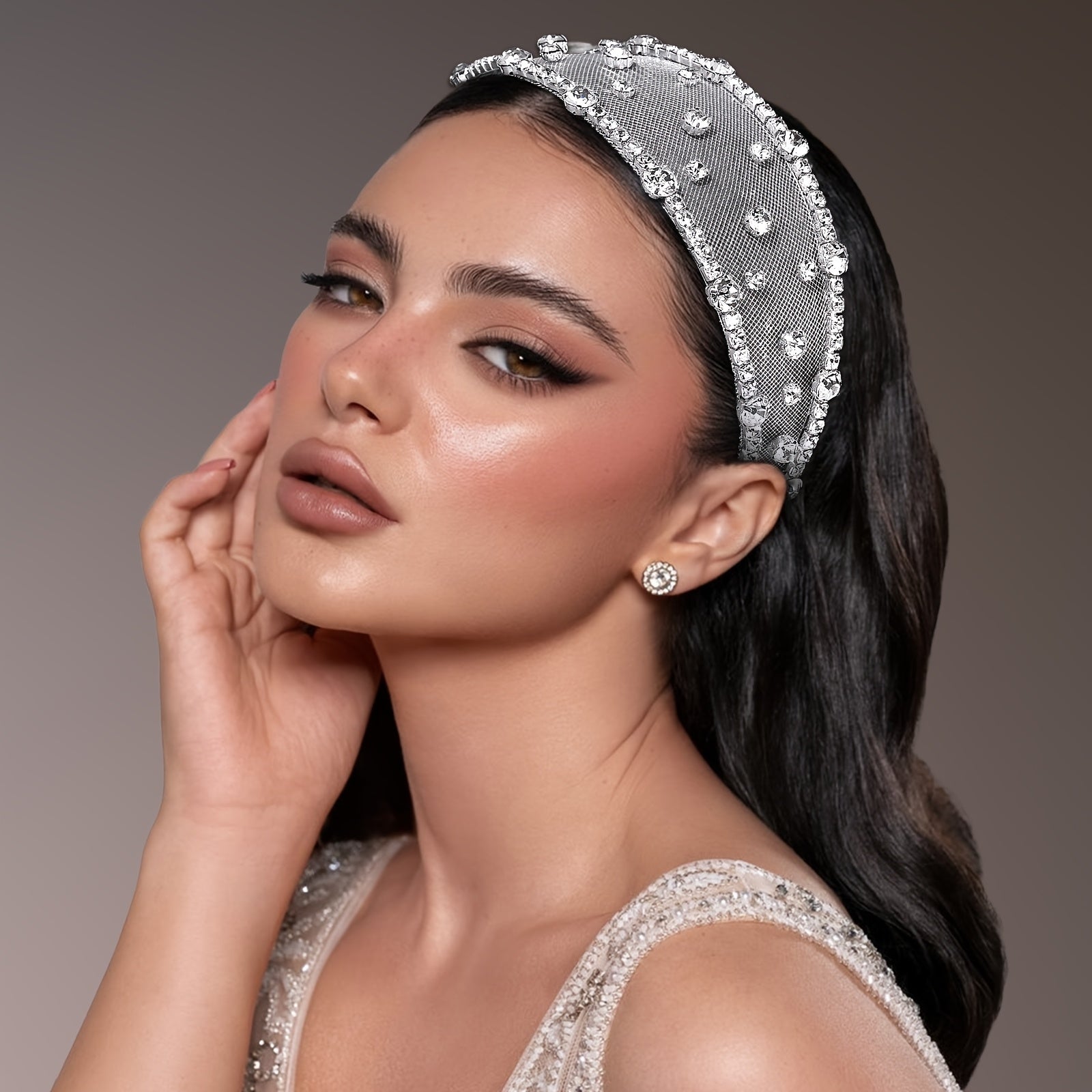 Boho Hawaiian Mesh Headband with Rhinestone Embellishments