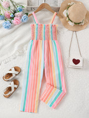 Toddler Girls Striped Frill Trim Cami Rompers Jumpsuits