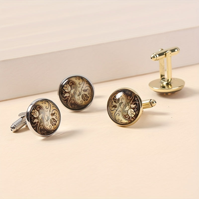 Round Engraved Rose Pattern Cufflinks for Women and Men