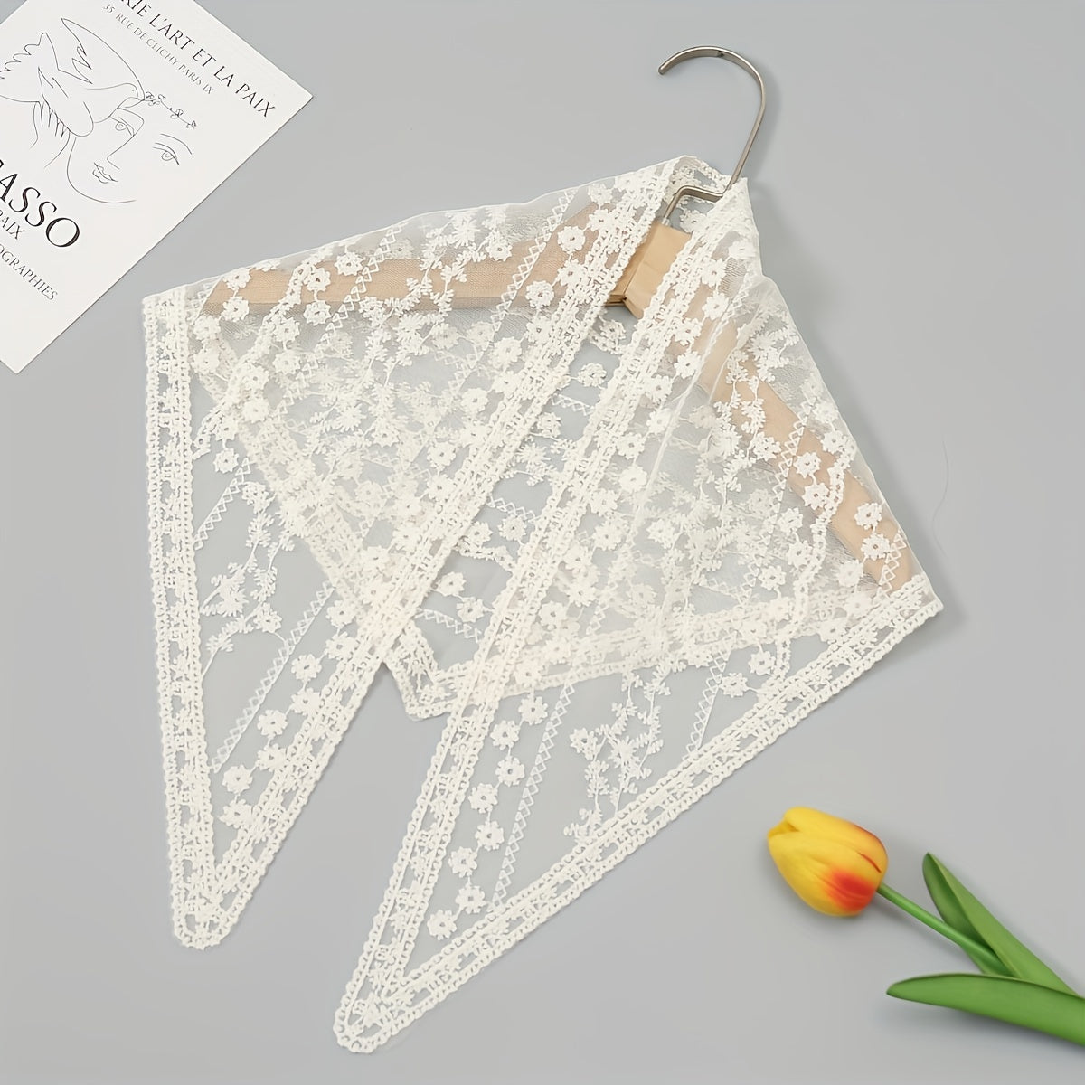 Lace Plaid Flower Triangle Scarf Women Neck Scarf Hollow Small Silk Neckerchief