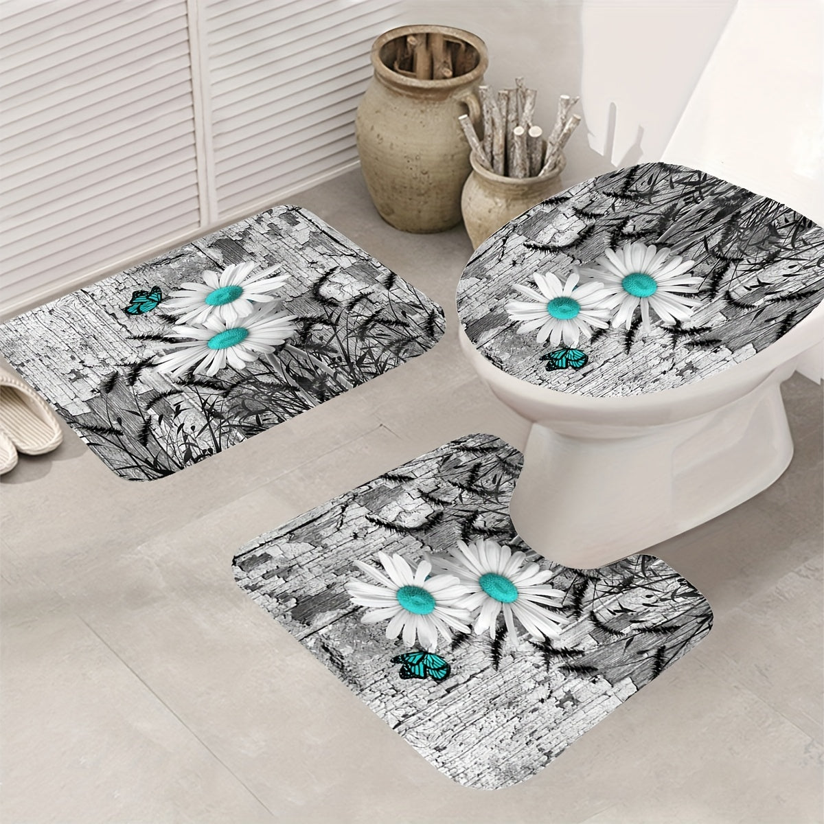 Daisy Shower Curtain Set Waterproof with Non-Slip Bathroom Rug