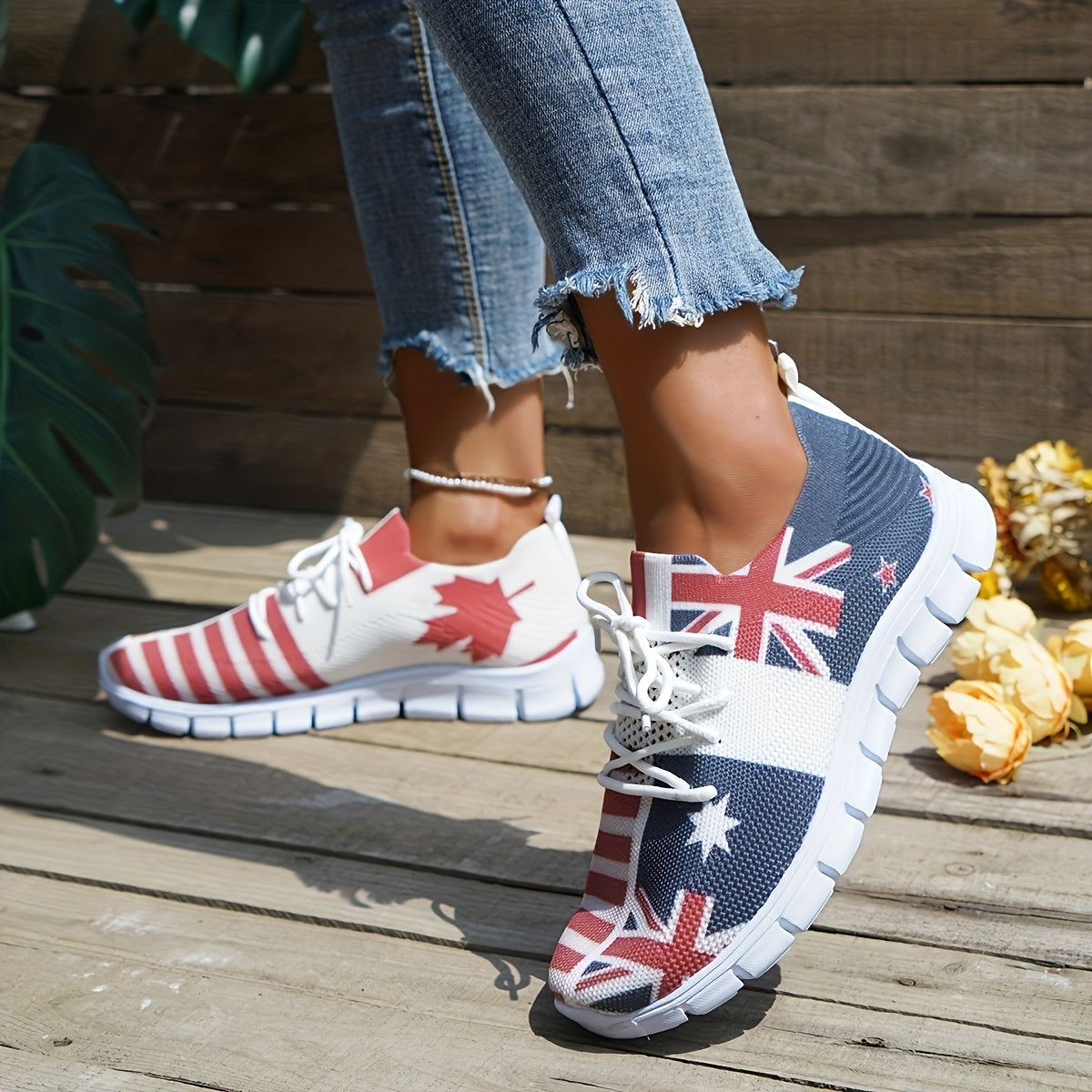 Women's Flag Pattern Sock Shoes Knitted Slip On Sneakers