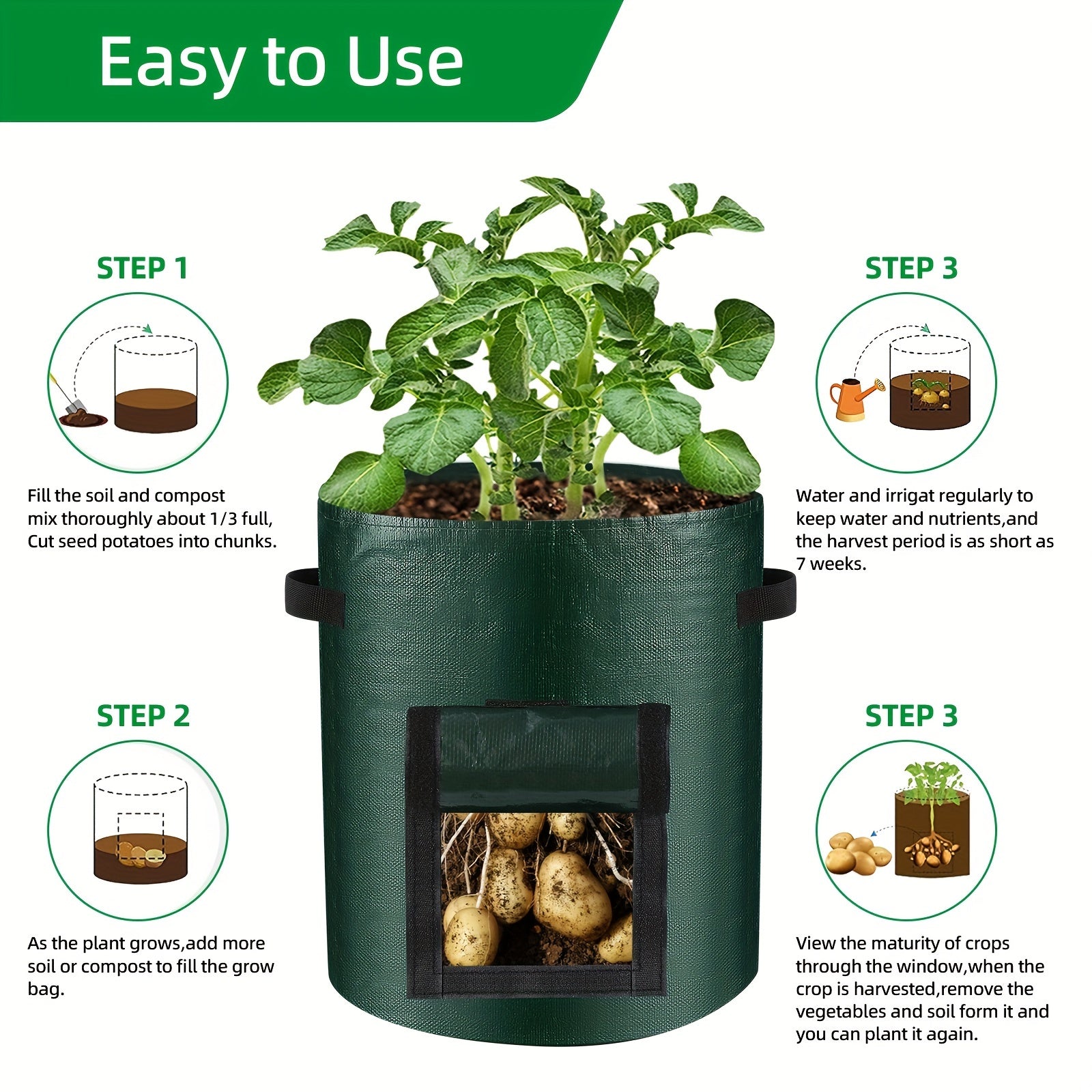 2pcs Potato Grow Bags Planting Growing Bag With Flap And Handles Green
