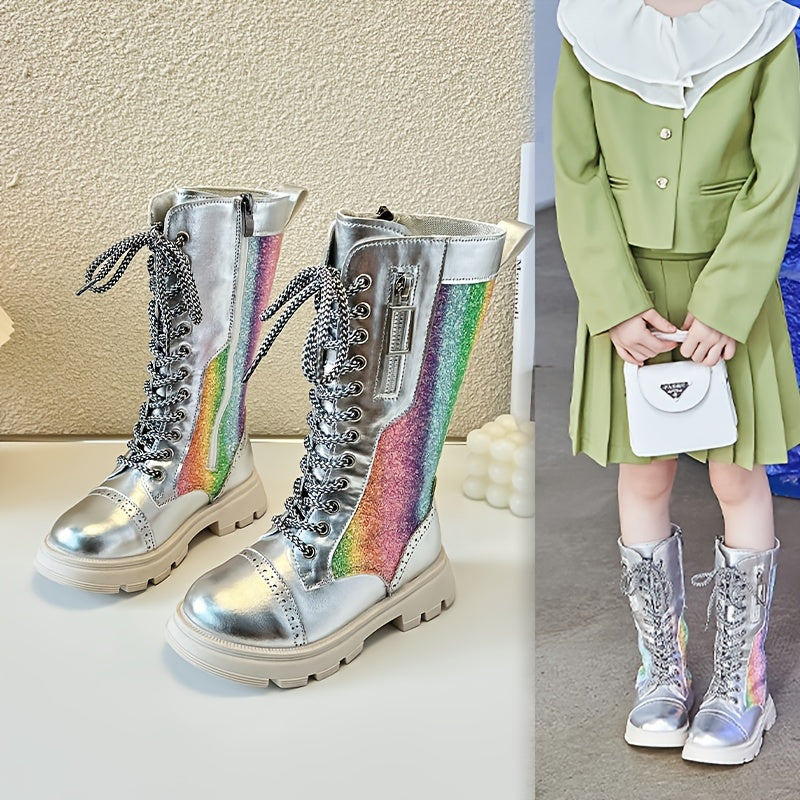 Girls' Mid Calf Faux Leather Boots with Wedge Heel