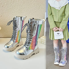Girls' Mid Calf Faux Leather Boots with Wedge Heel