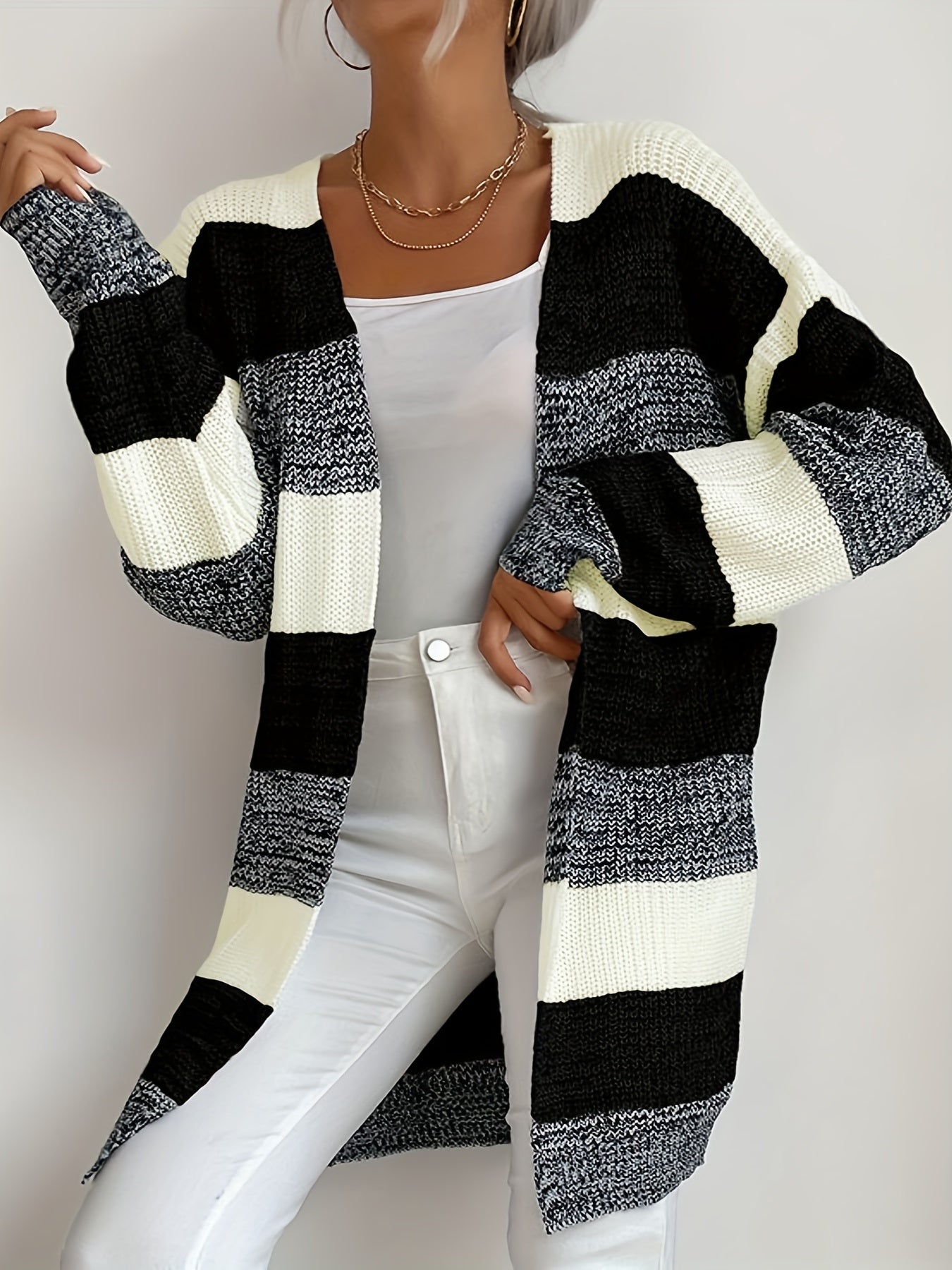 Colorblock Long Sleeve Open Front Cardigan