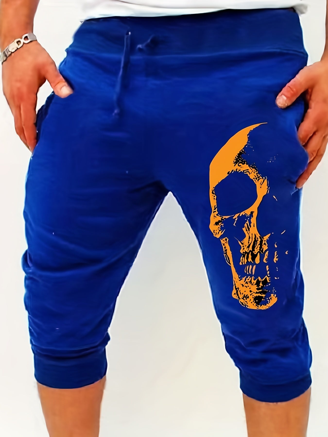 Skull Pattern Comfy Shorts Men's Casual Solid Knee Long Shorts