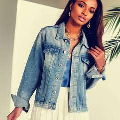 Ripped Holes Denim Jacket Long Sleeves Casual Denim Coat Women's Clothing