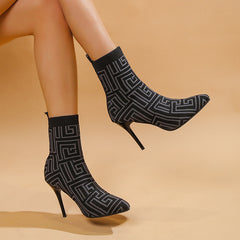 Women's Geometric Pattern Stretch Boots Pointed Toe High Heels