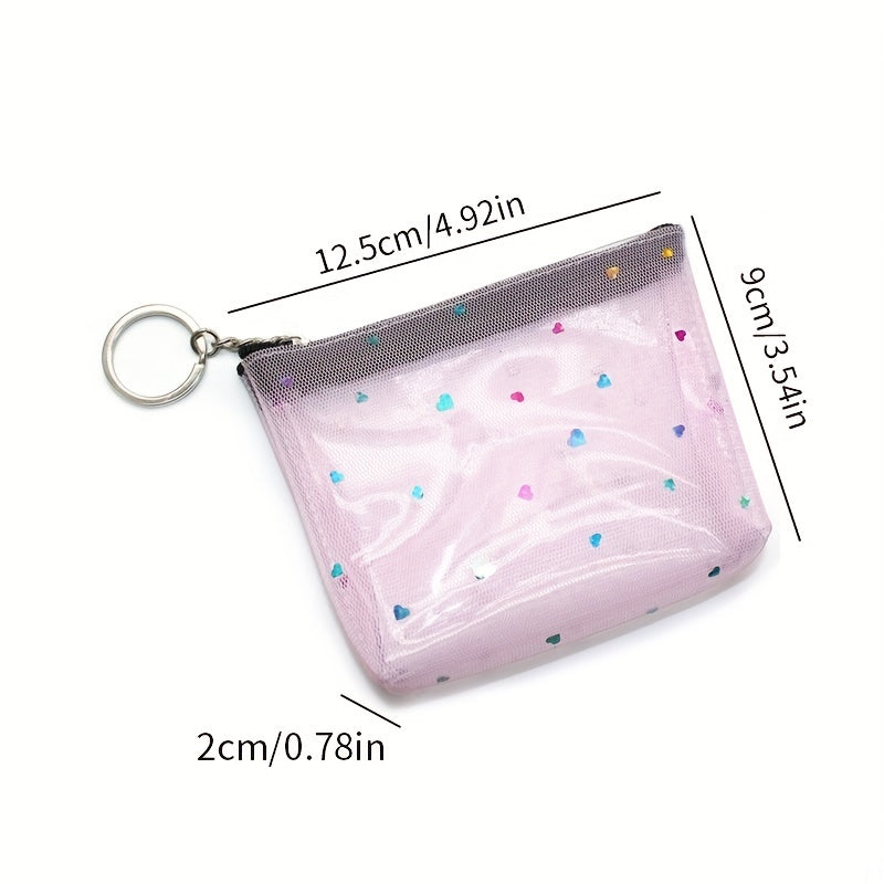 Clear Heart Decor Coin Purse With Keychain Mesh Cosmetic Bag Zipper Wallet