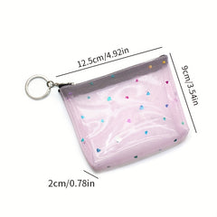 Clear Heart Decor Coin Purse With Keychain Mesh Cosmetic Bag Zipper Wallet