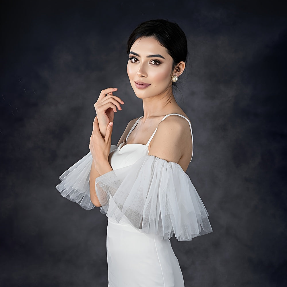 Puffy Sleeve Bridal Gown & Tulle Bridesmaid Dress