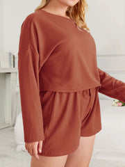 Waffle Knit Lounge Set Solid Long Sleeve Pajama Two Piece