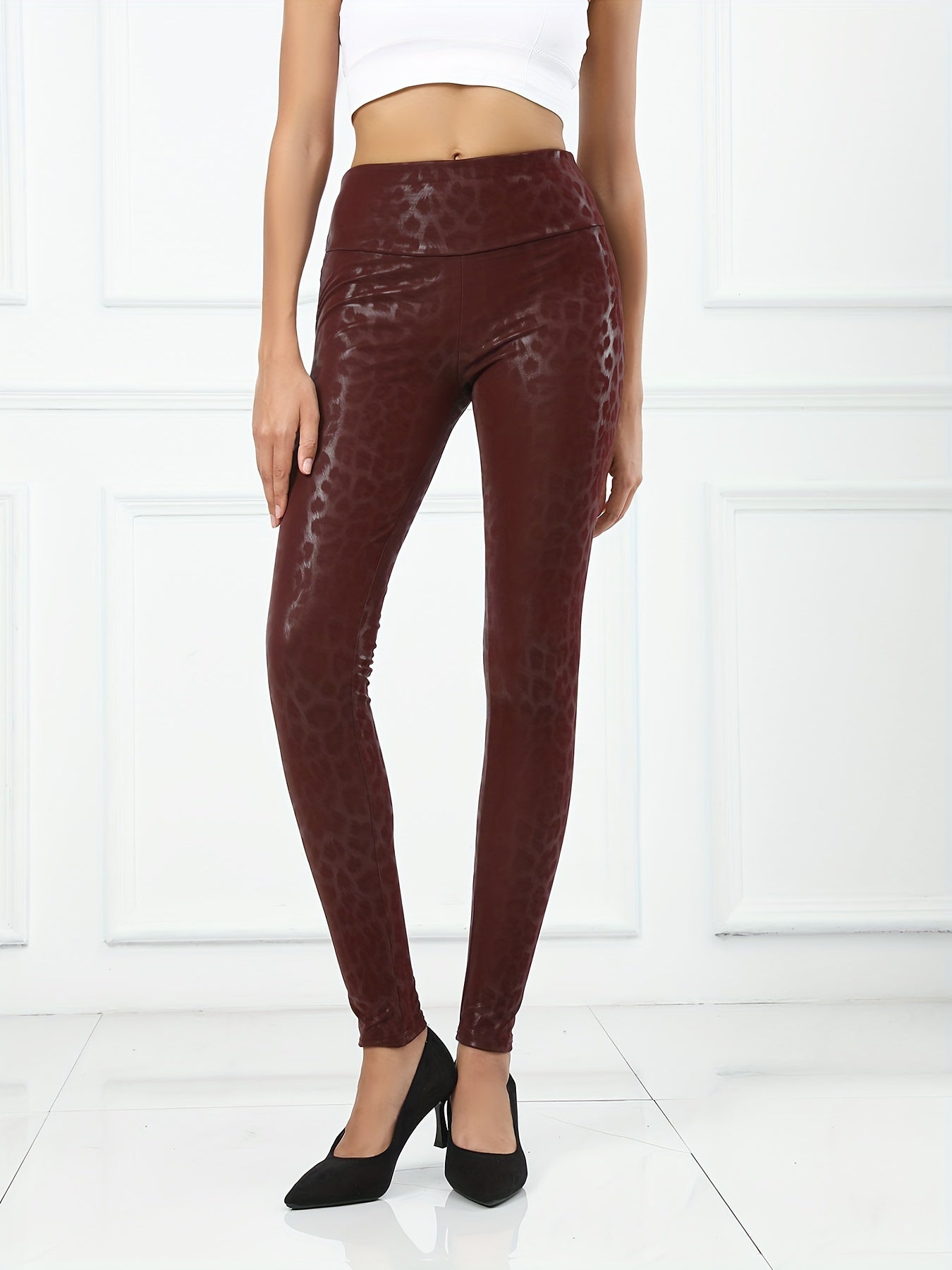 Leopard Print Faux PU Leather Sports Leggings High Waist Running Yoga Skinny Pan