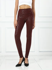 Leopard Print Faux PU Leather Sports Leggings High Waist Running Yoga Skinny Pan