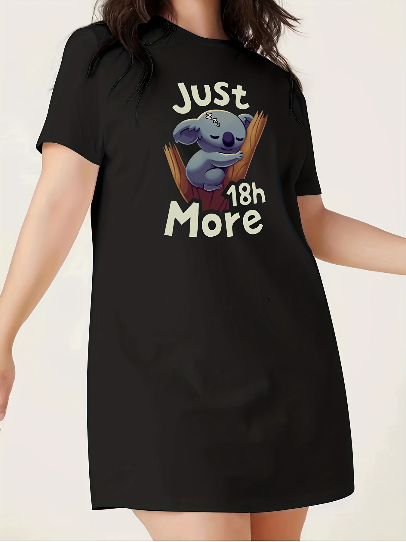 Cartoon Koala & Letter Print Nightdress Crew Neck Sleep Dress
