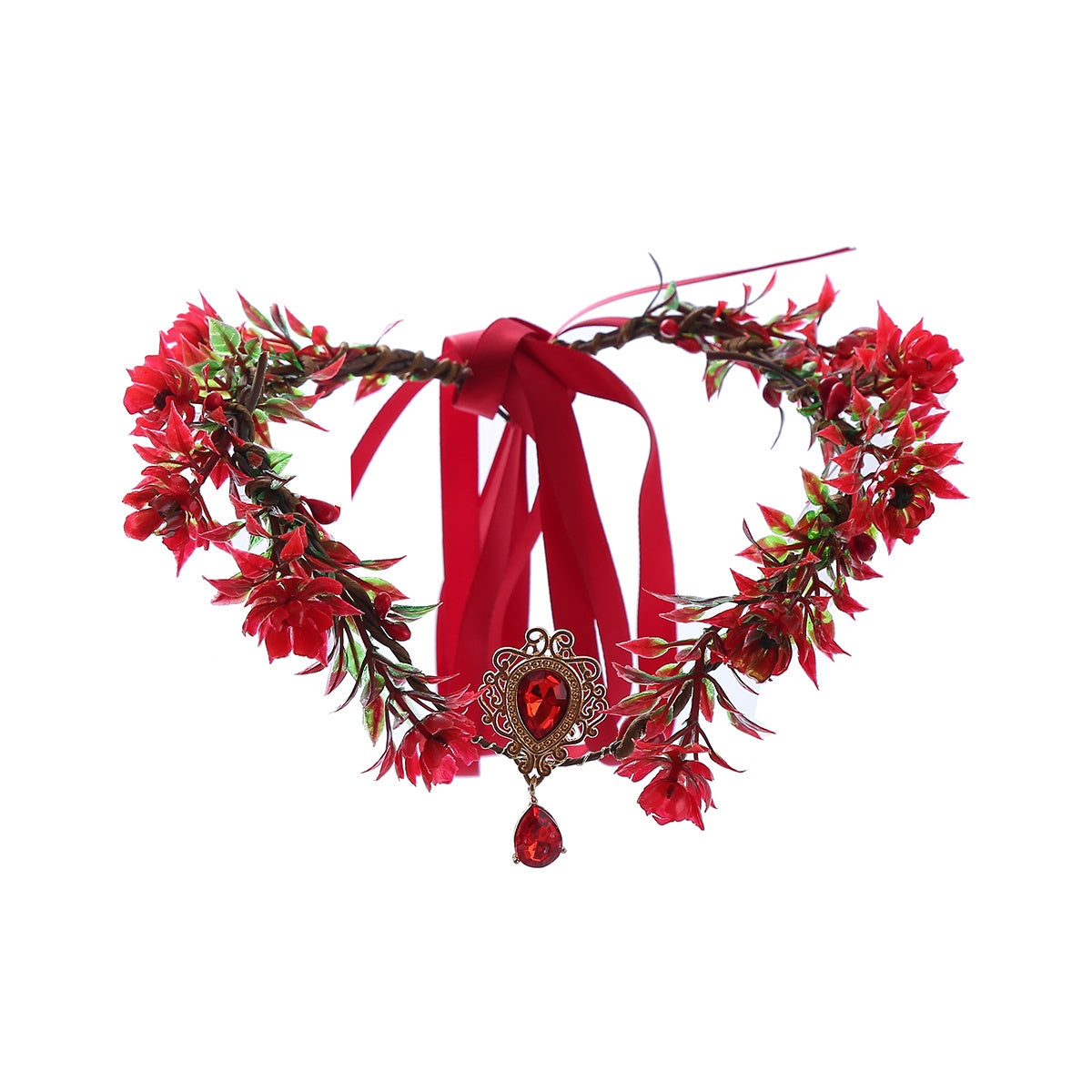Girl's Red Rattan Eyebrow Heart Drop Wreath Headband Christmas Hair Hoop