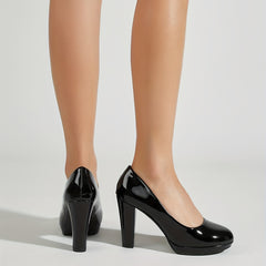 Women's Platform Court Pumps Patent Leather Block Heels