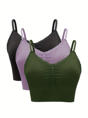 Casual Bra Set Women's Solid Ruched Bralette Three Piece Set