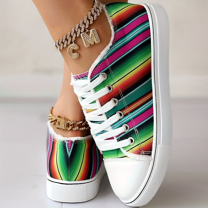Colorful Strip Print Sneakers Low Top Lace Up Canvas Shoes