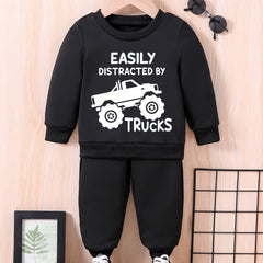 Baby Letter Truck Print Outfits Sweatshirt Tops Pants Set