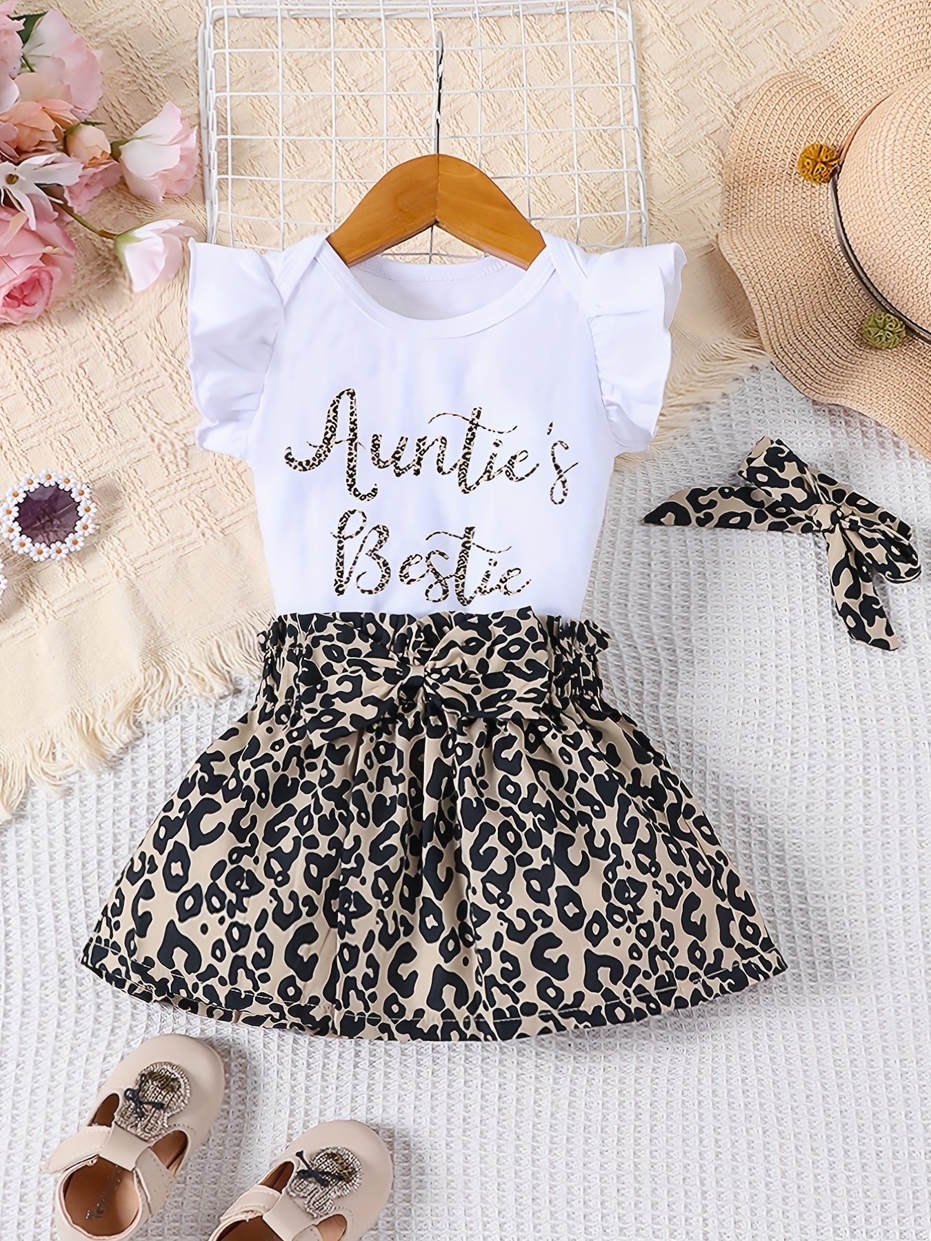 Leopard Print Romper Skirt & Headband Set for Baby Girls