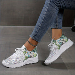 Women's Rhinestone Knit Sneakers Lightweight Running Shoes
