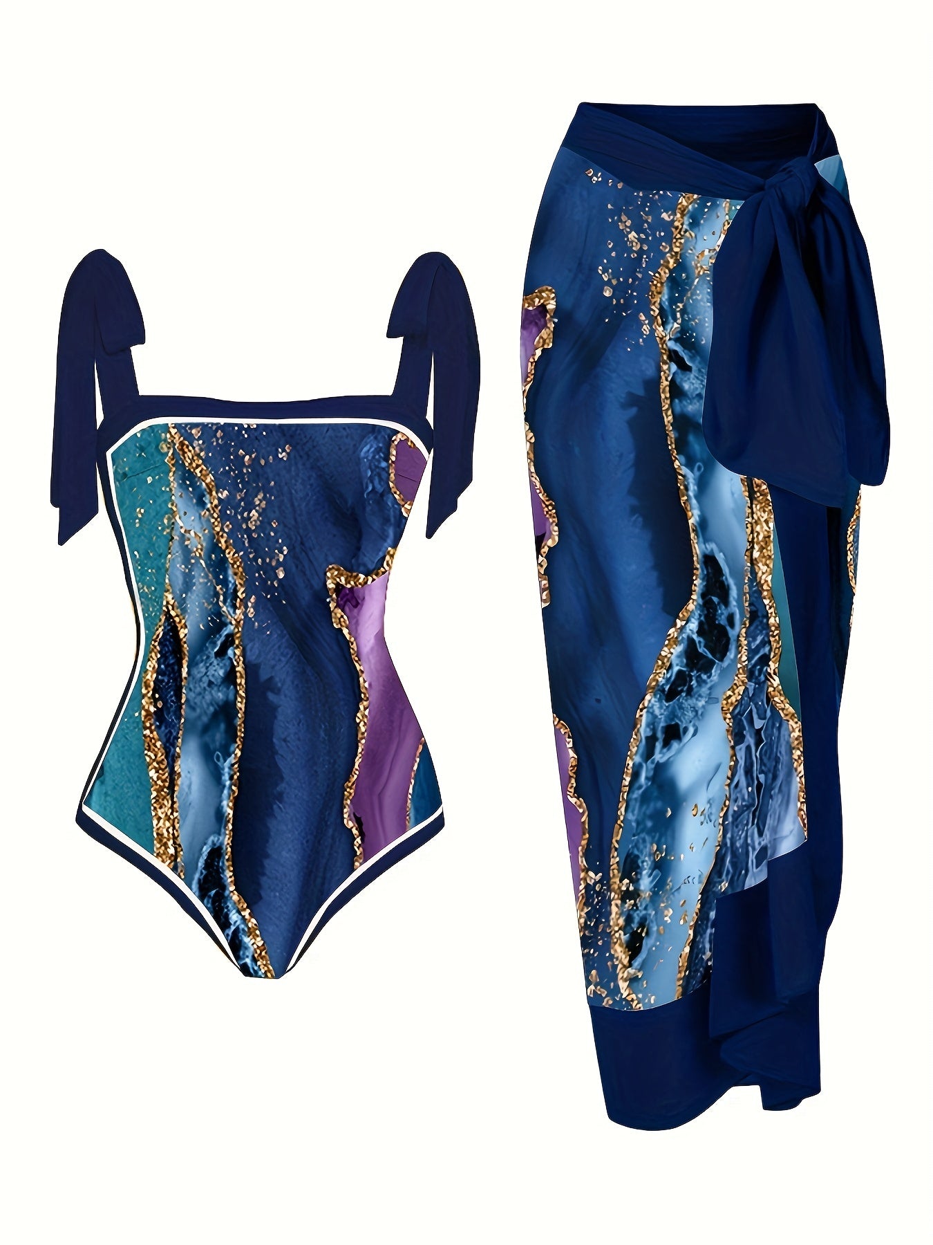 Glitter Marble Print Swimsuit & Cover Up Set