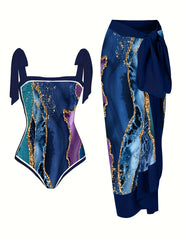 Glitter Marble Print Swimsuit & Cover Up Set