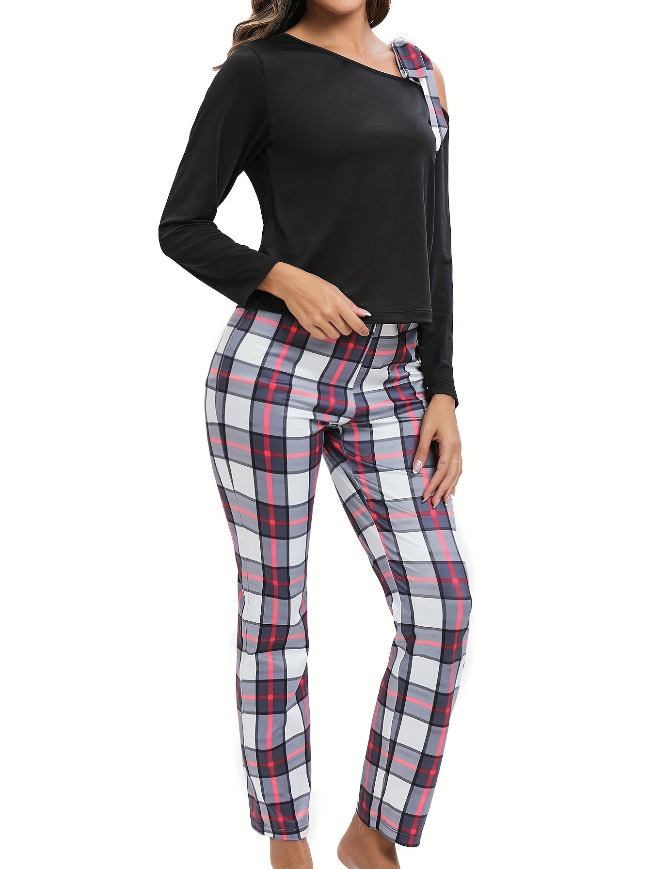 Plaid Print Lounge Set Off Shoulder Top & Pants Women's Loungewear
