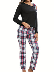 Plaid Print Lounge Set Off Shoulder Top & Pants Women's Loungewear
