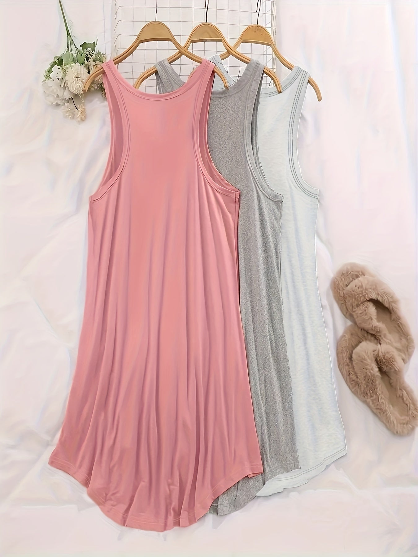 3 Pack Plus Size Lounge Dress Set Women's Plus Solid Round Neck Plain Tank