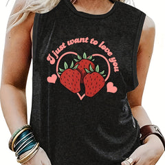 Strawberry Print Sleeveless Tank Top Summer Women's Clothing