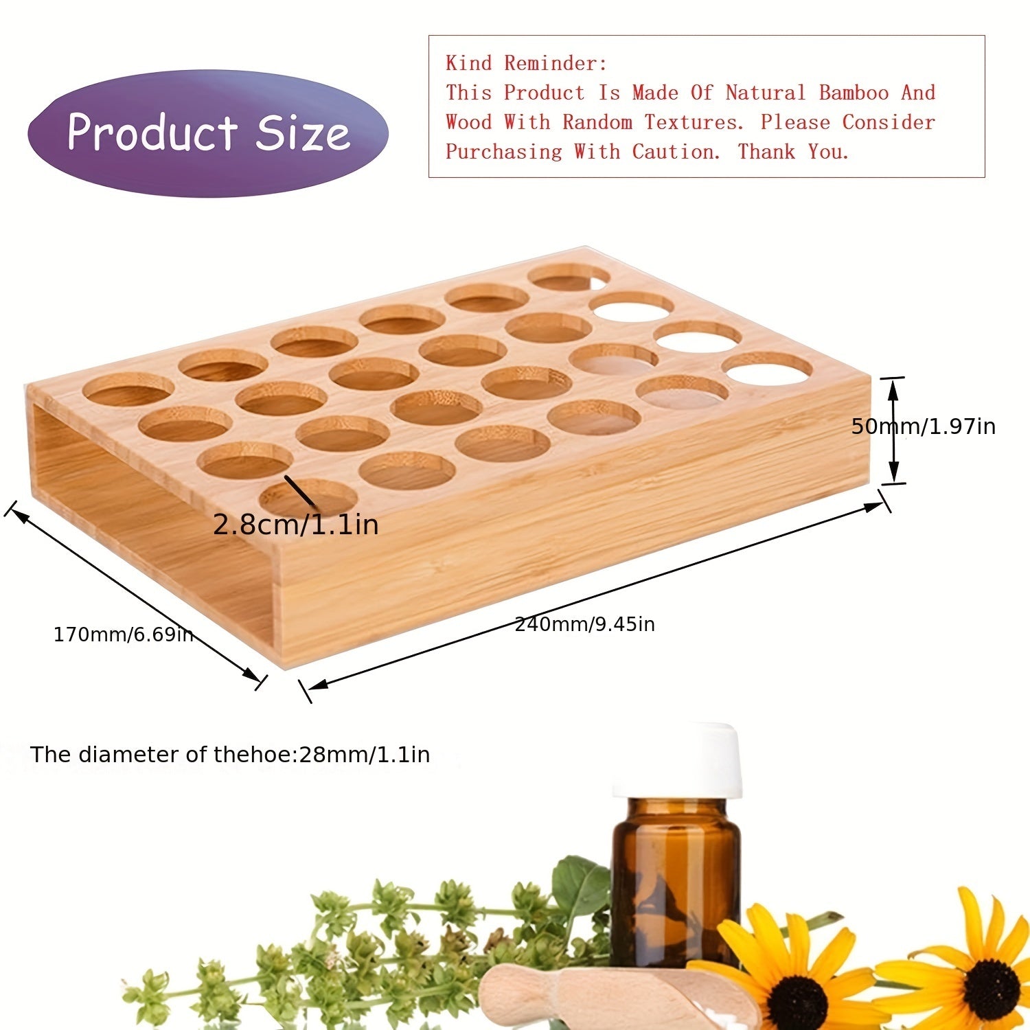 24 Holes Wooden Tray For Essential Oils Aromatherapy Storage