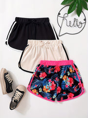 3pcs Girls Casual Sports Yoga Shorts Elastic High Waist Contrast Binding