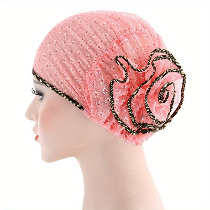 Plate Flower Turban Cap Embroidery Elastic Head Wrap Lightweight