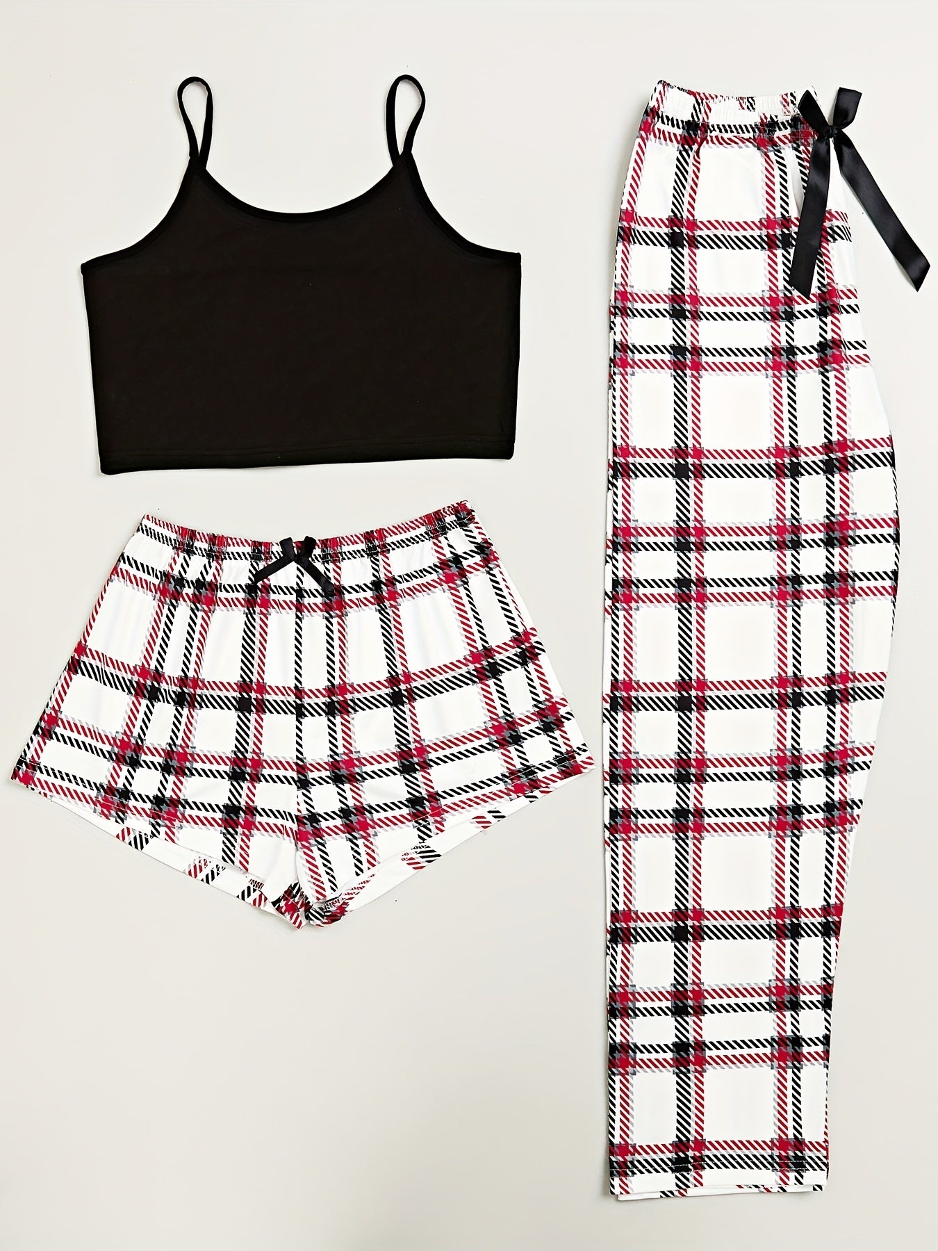 Plaid Print 3-Piece Sleep Set: Cami Top, Bow Shorts, Lounge Pants
