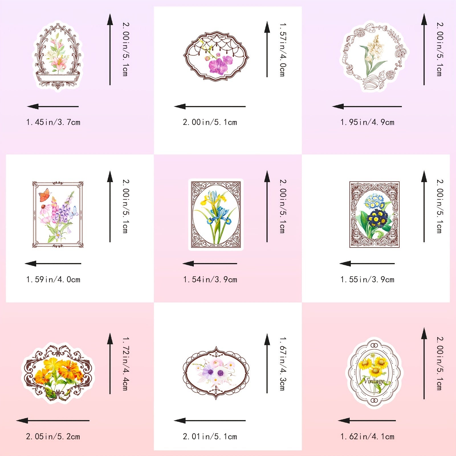 50pcs Retro Flower Stickers for Garden Diary Laptop Water Cup DIY Journal