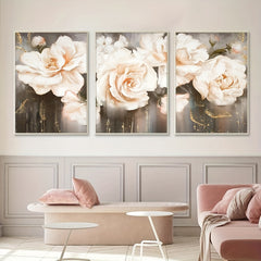 3pcs Pink & Flowers Art Prints Green Foliage Wall Pictures
