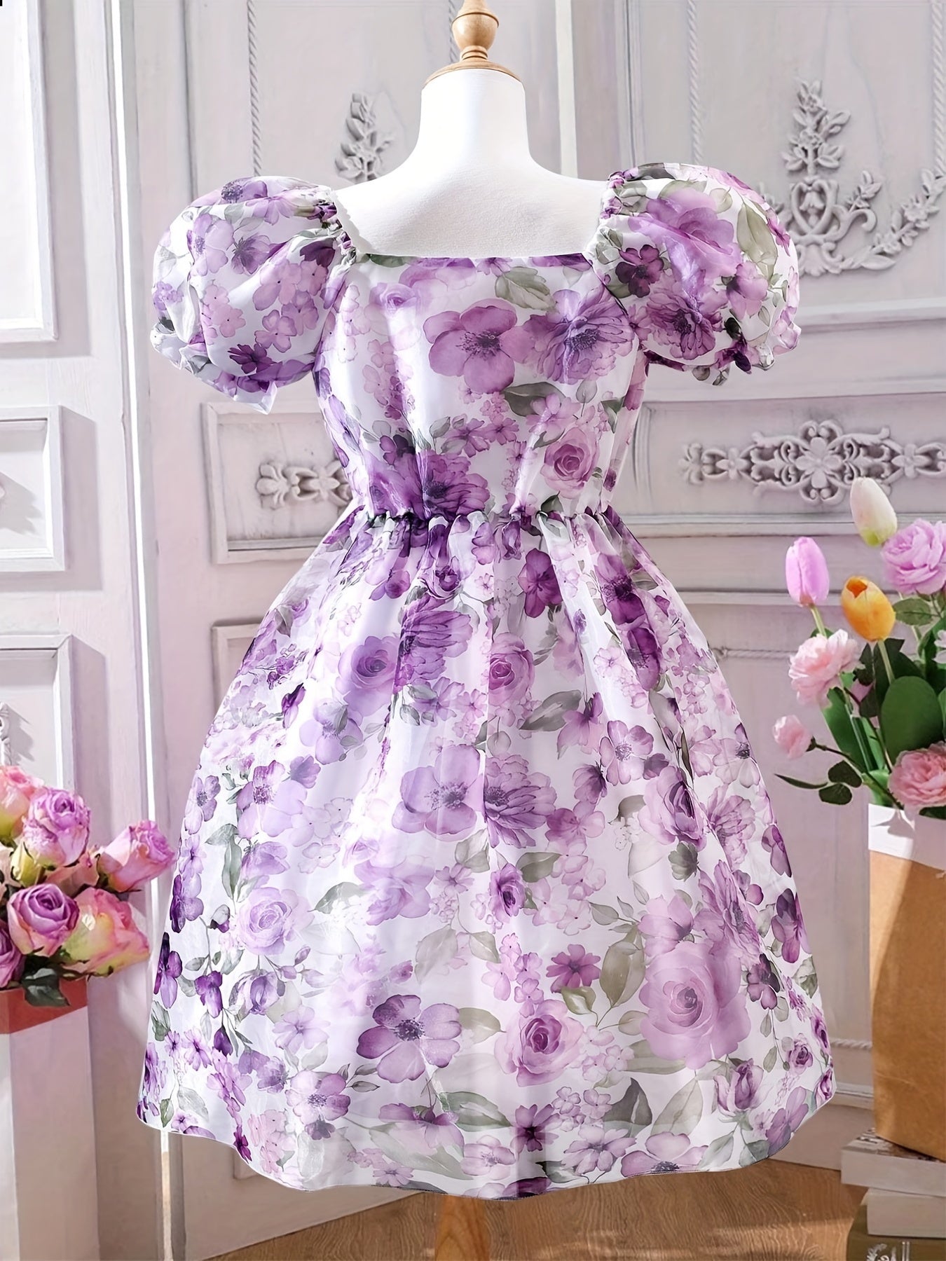 Purple Floral Puff Sleeve Princess Dress for Girls